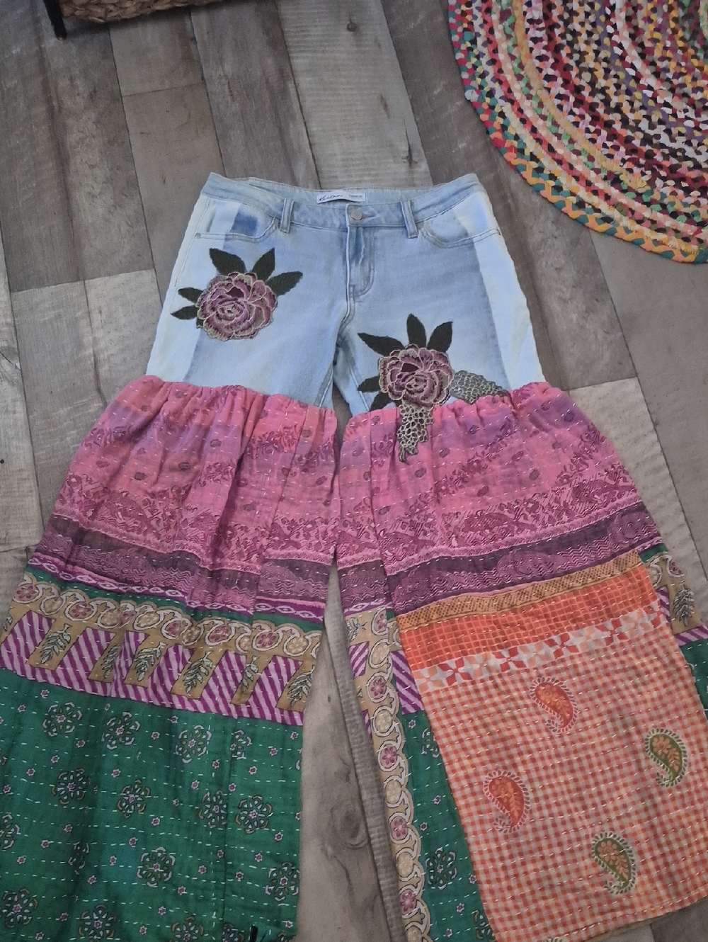 Custom High Quality Denium Bohemian Floral Patchwork Wide-Leg Kantha Pants L - Picture 2 of 8